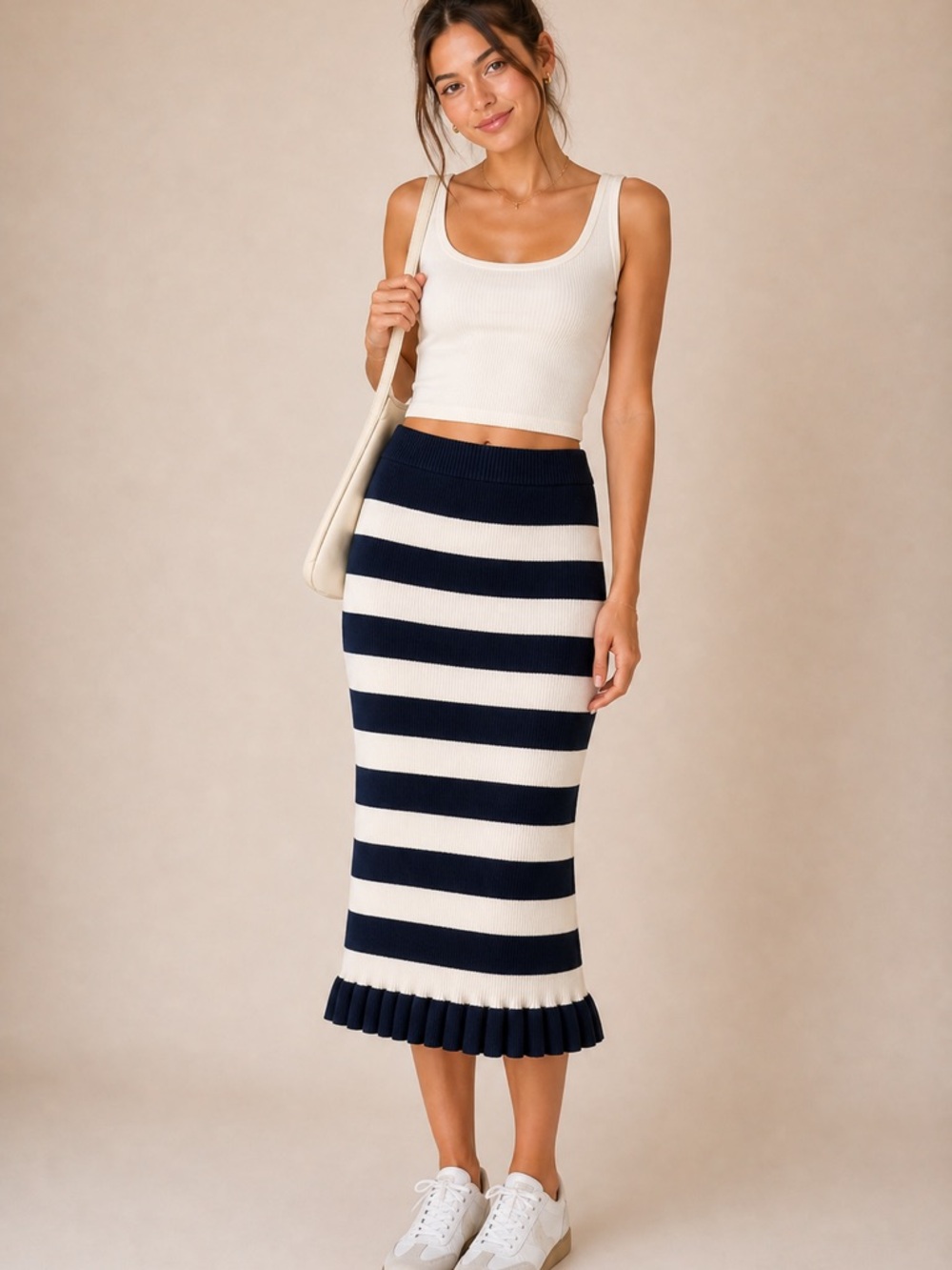 MICHAEL Michael Kors Navy and Cream Striped Midi Knit Skirt